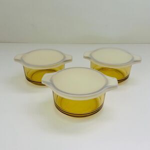 DYNAWARE PYR-O-REY Amber Yellow Glass Small Casserole Dishes With Lids, Set of 3